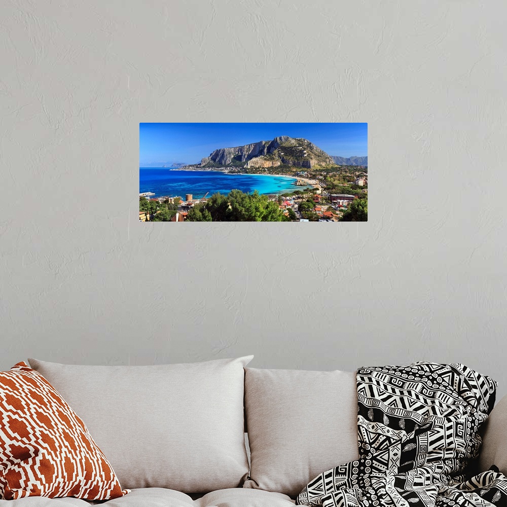 A bohemian room featuring Italy, Sicily, Mondello, beach, sea, and old center of mondello bay. monte pellegrino