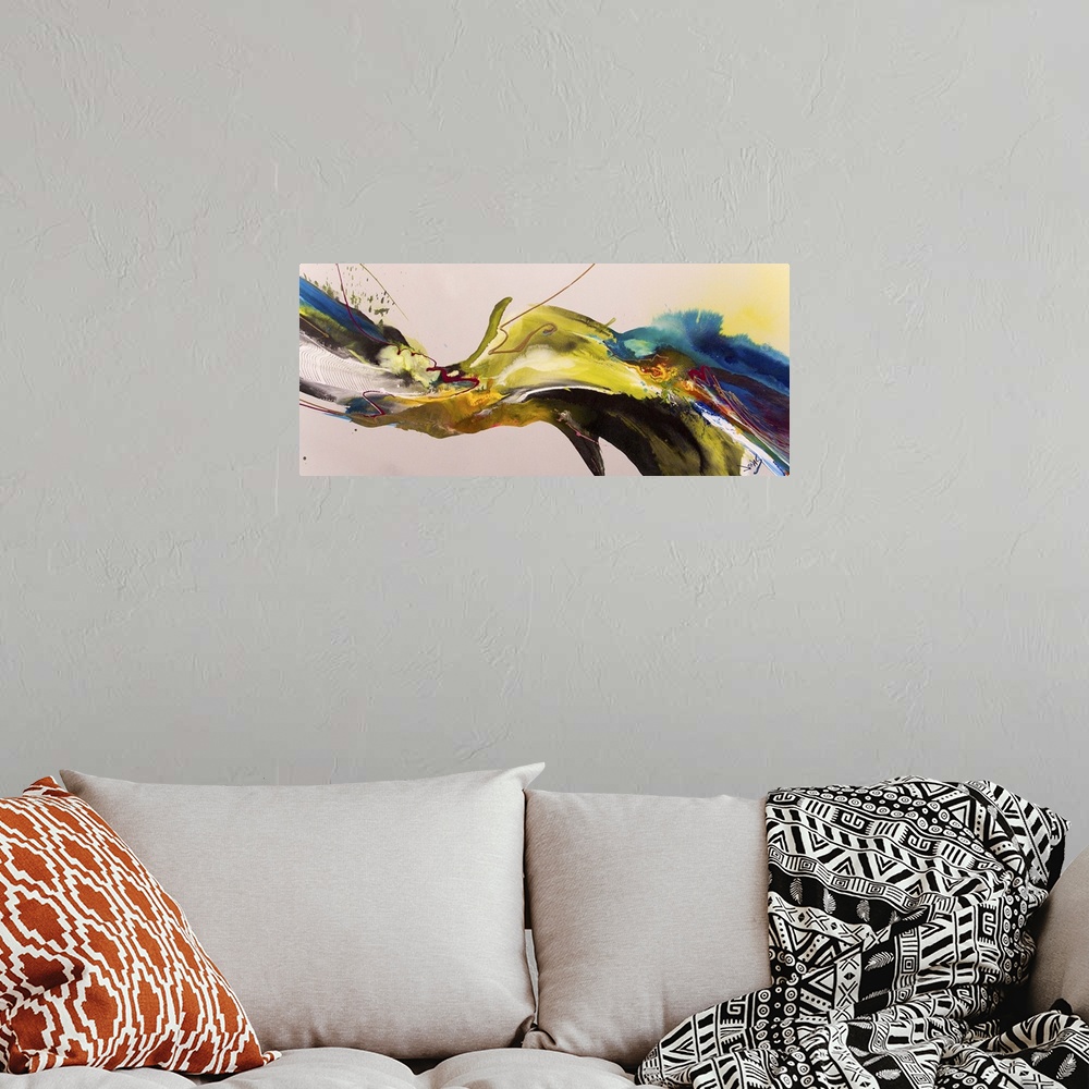 A bohemian room featuring Contemporary abstract painting using vibrant colors converging toward the center of the image in ...