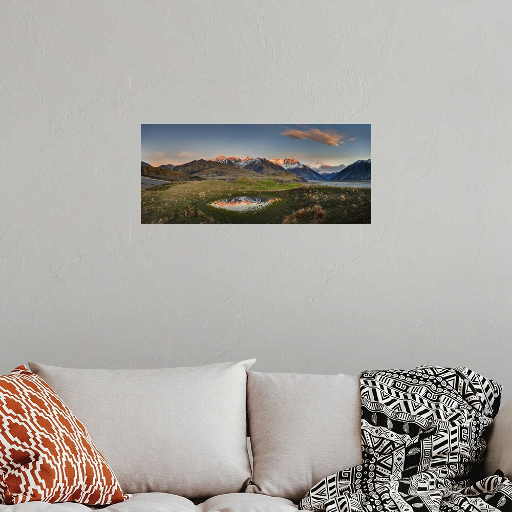 A bohemian room featuring Reishek Mountains at dawn, Rakaia Valley, Canterbury, New Zealand