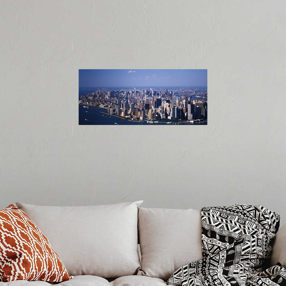 A bohemian room featuring Aerial Lower Manhattan and Midtown New York NY