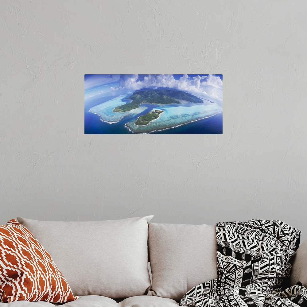 A bohemian room featuring Aerial view of islands, Huahine, French Polynesia