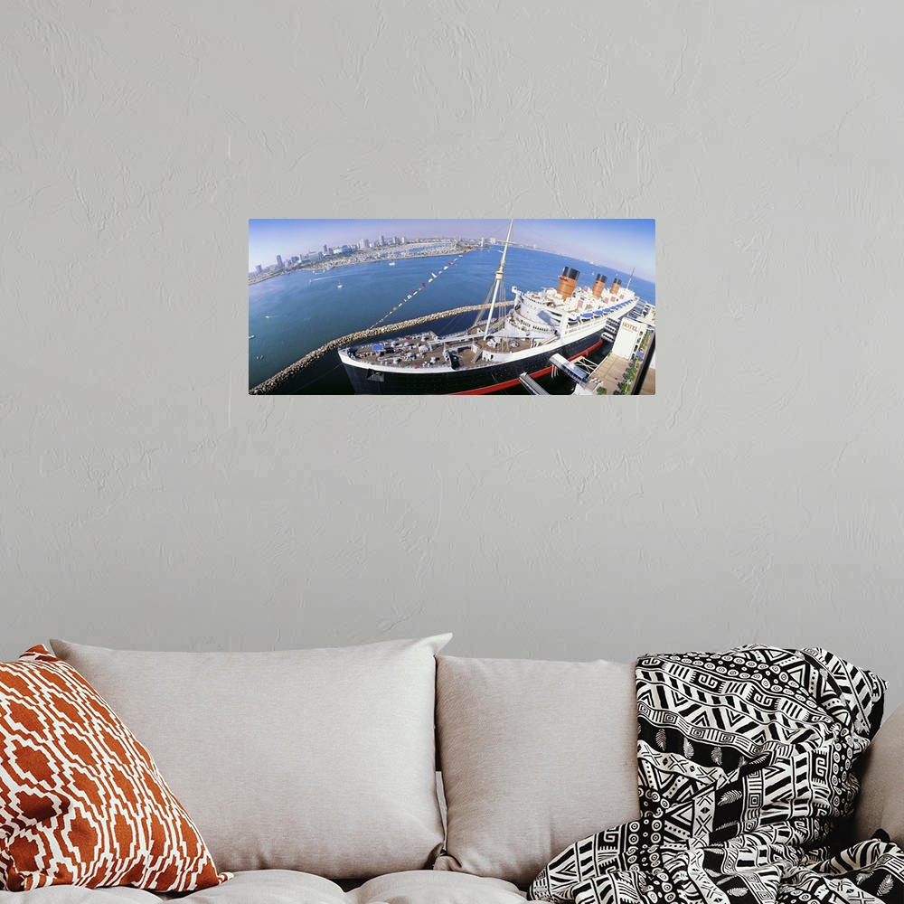 A bohemian room featuring California, Long Beach, Queen Mary, High angle view of a Ship docked at port