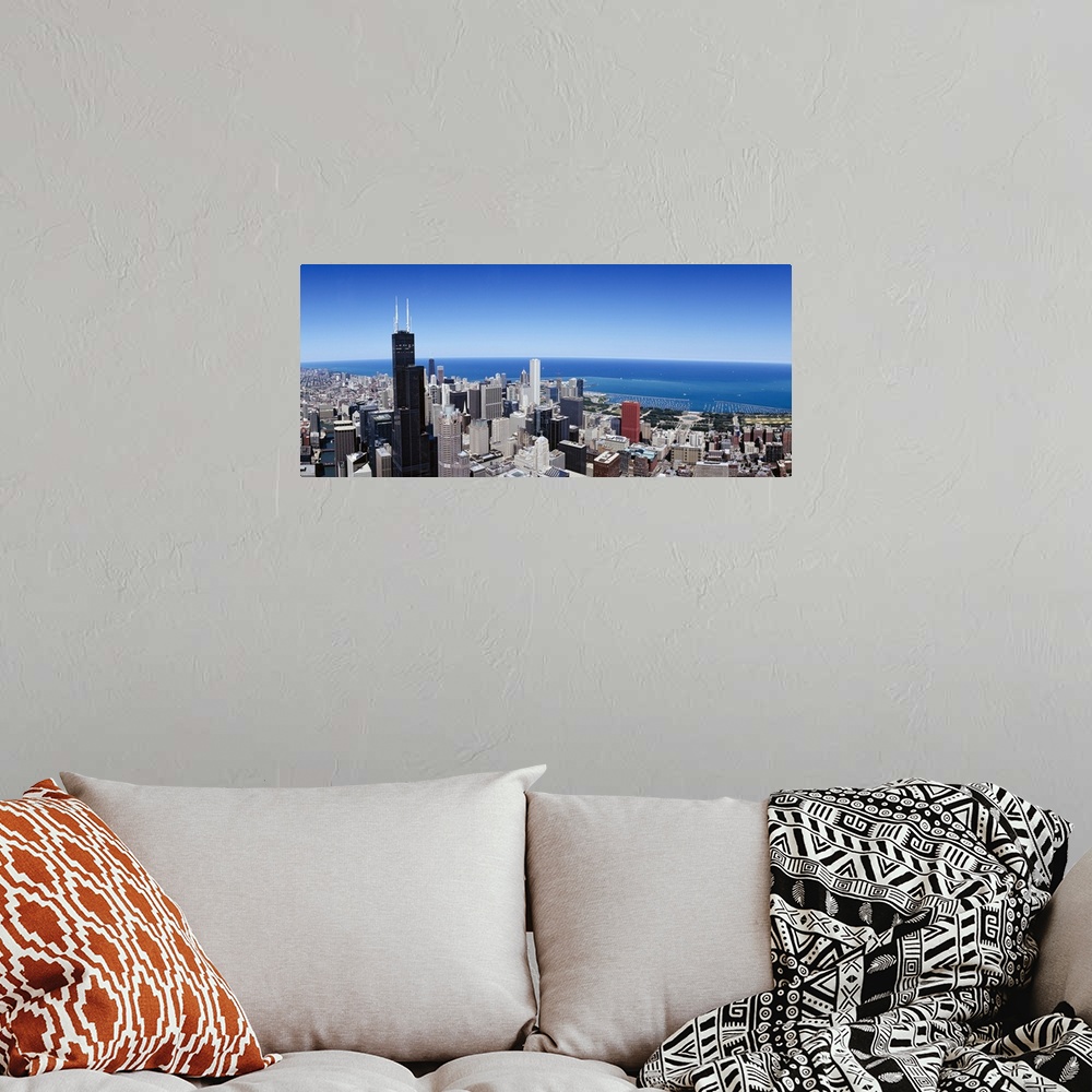 A bohemian room featuring High angle view of buildings in a city, Grant Park, Lake Michigan, Chicago, Illinois