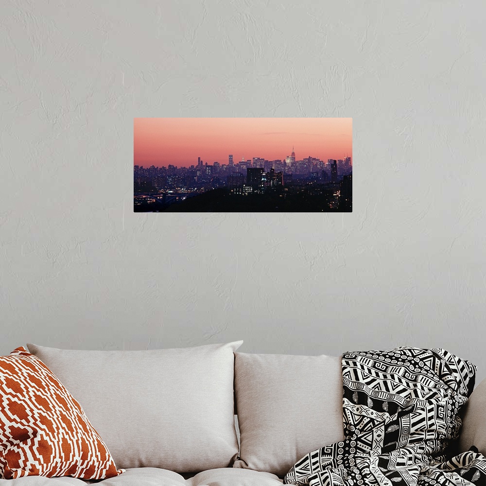 A bohemian room featuring High angle view of buildings lit up at dusk, Manhattan, New York City, New York State