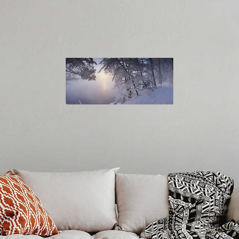 A bohemian room featuring Panoramic view of a river in winter, Vuoksi River, Imatra, Finland
