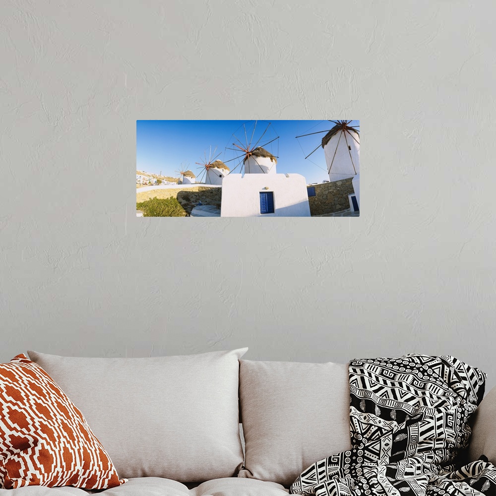 A bohemian room featuring Traditional windmill in a village, Mykonos, Greece