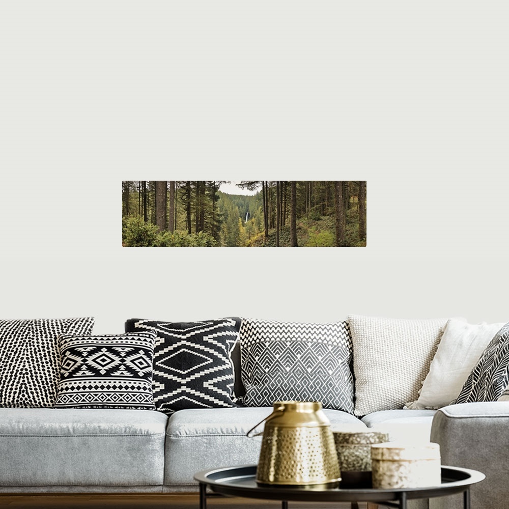A bohemian room featuring A large waterfall is shown far off in the distance with trees surrounding it and photographed in ...