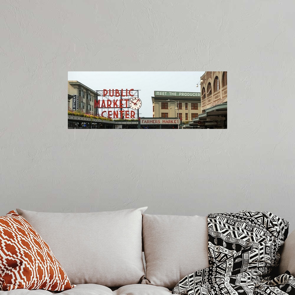 A bohemian room featuring Panoramic photograph of the downtown Farmers Market at Pike Place Market in Seattle, WA.