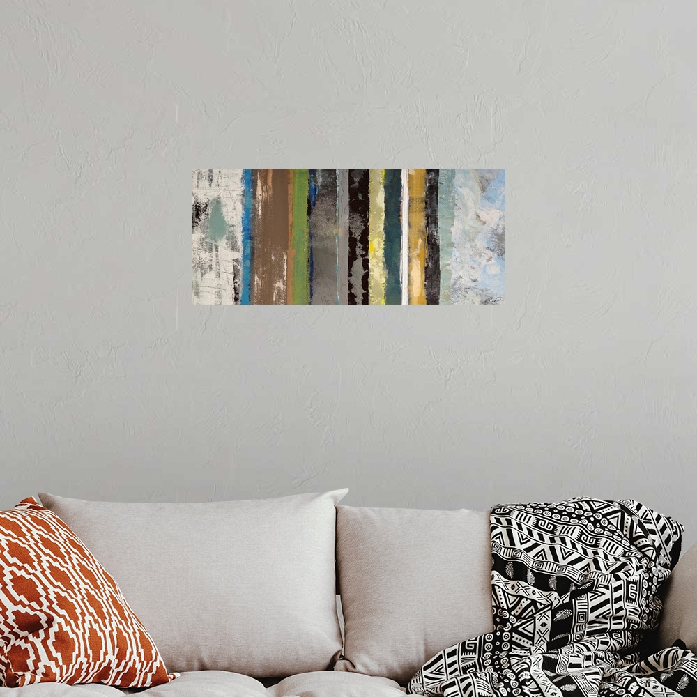 A bohemian room featuring Grunge contemporary art featuring varying vertical lines of colors with a distressed look.