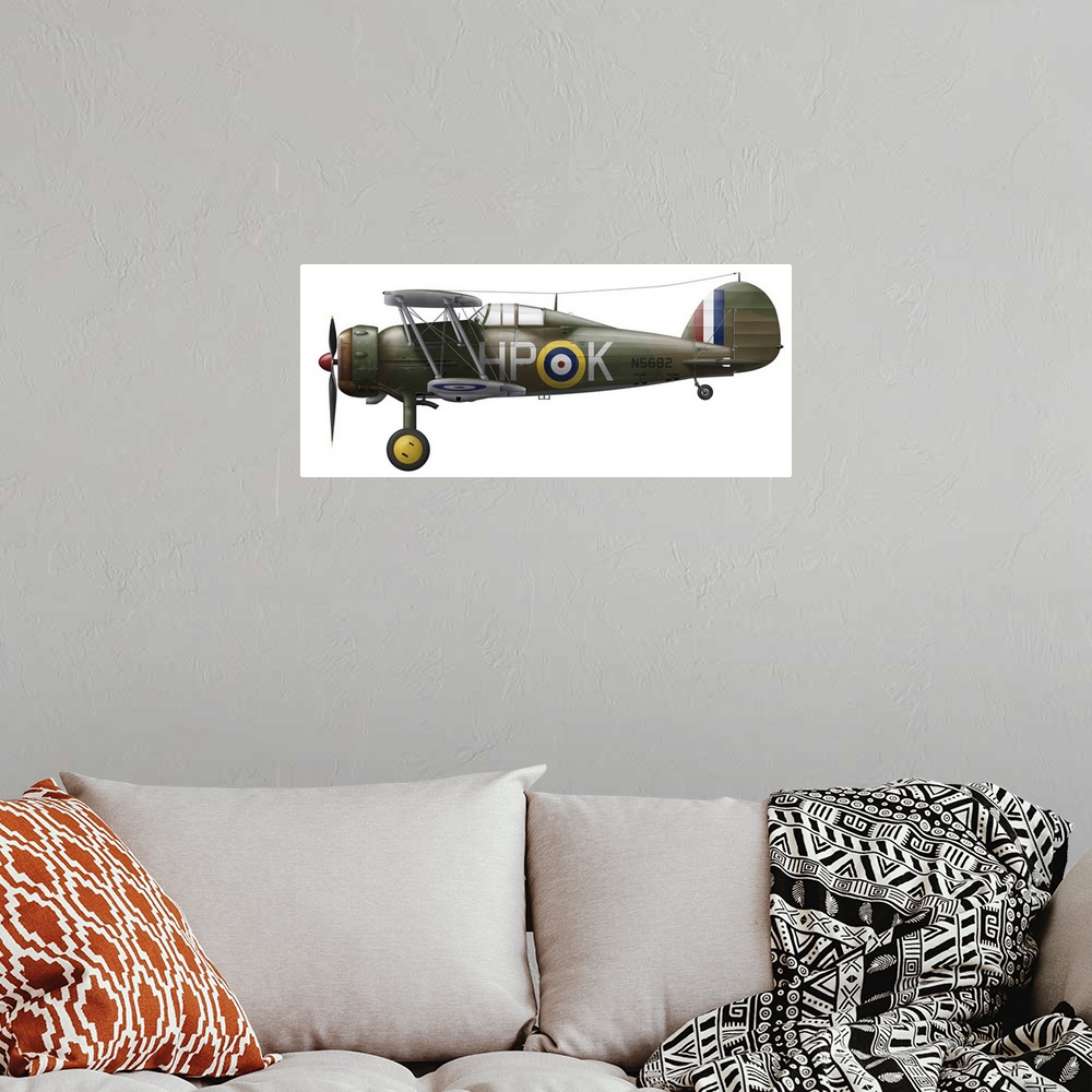 A bohemian room featuring A Gloster Gladiator MkII of 247 Squadron which saw active duty during the Battle of Britian.