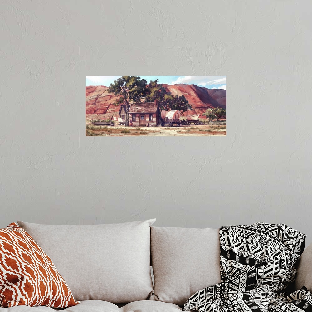 A bohemian room featuring Painting of farms in southwest desert.