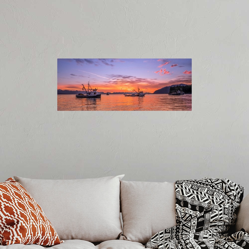 A bohemian room featuring Seiners anchored in Amalga Harbor at sunset awaiting a commercial salmon opening, Southeast Alask...