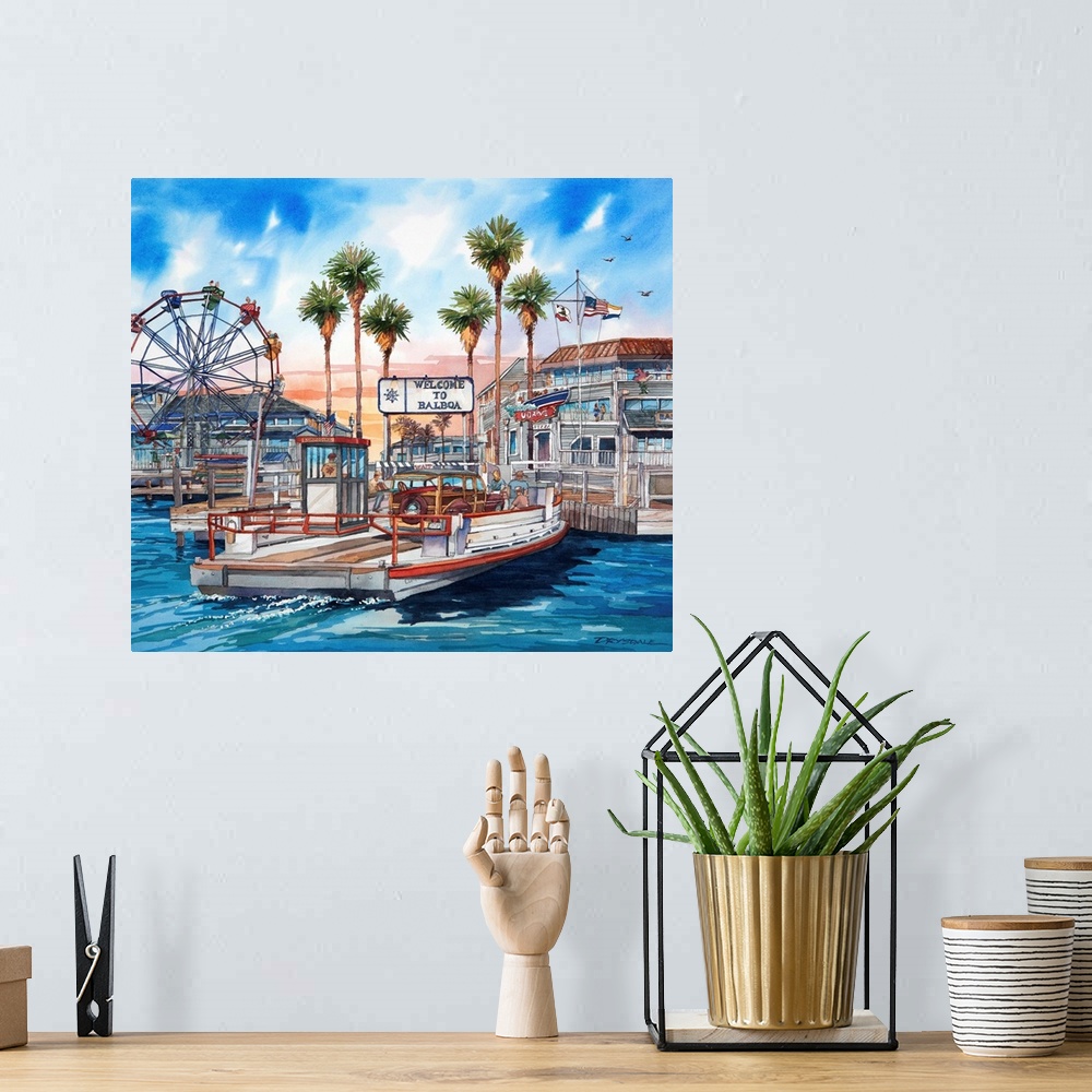 A bohemian room featuring Watercolor of the Balboa ferry in Newport Beach California, getting ready to dock at the fun zone.