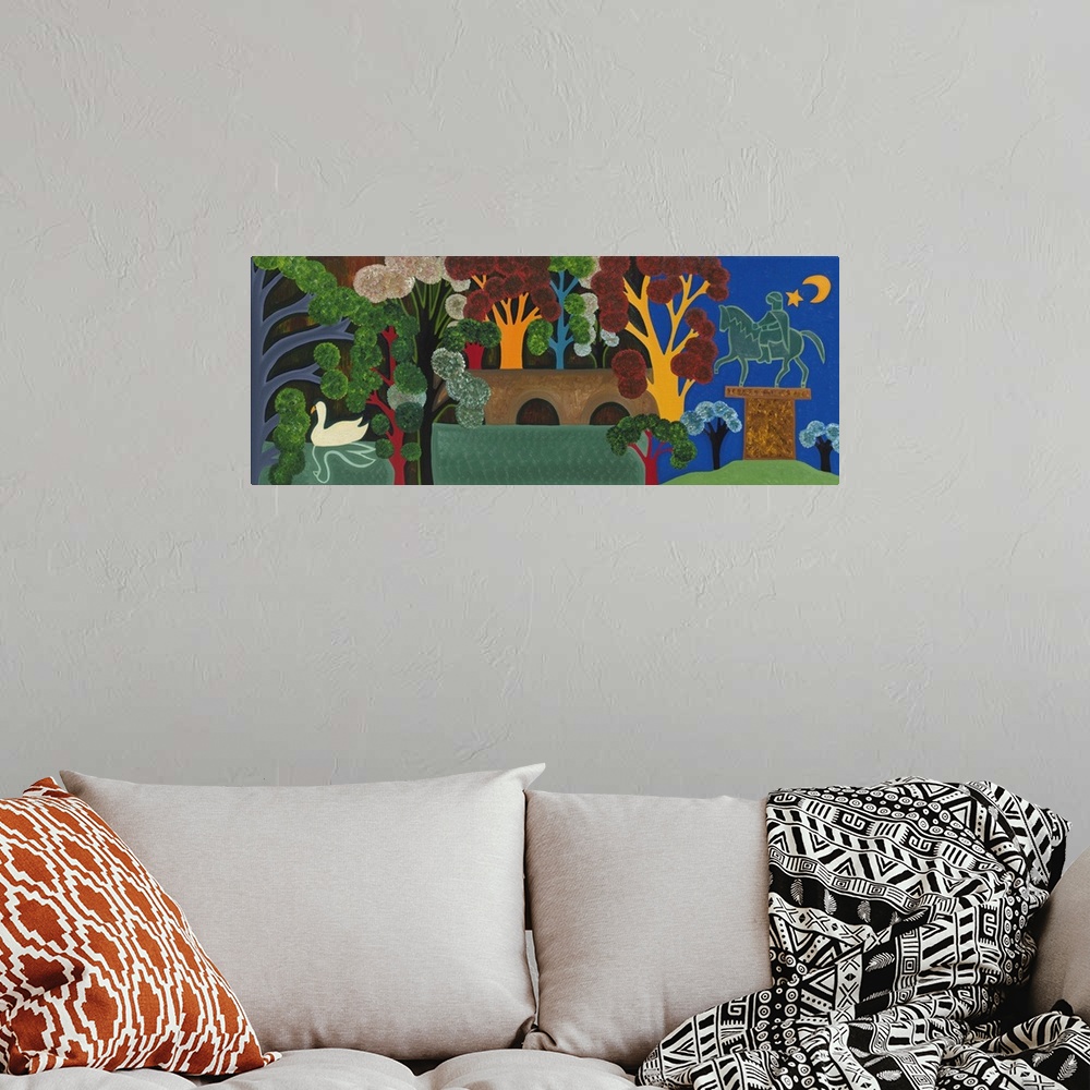 A bohemian room featuring Contemporary painting of a statue and bridge in a park.
