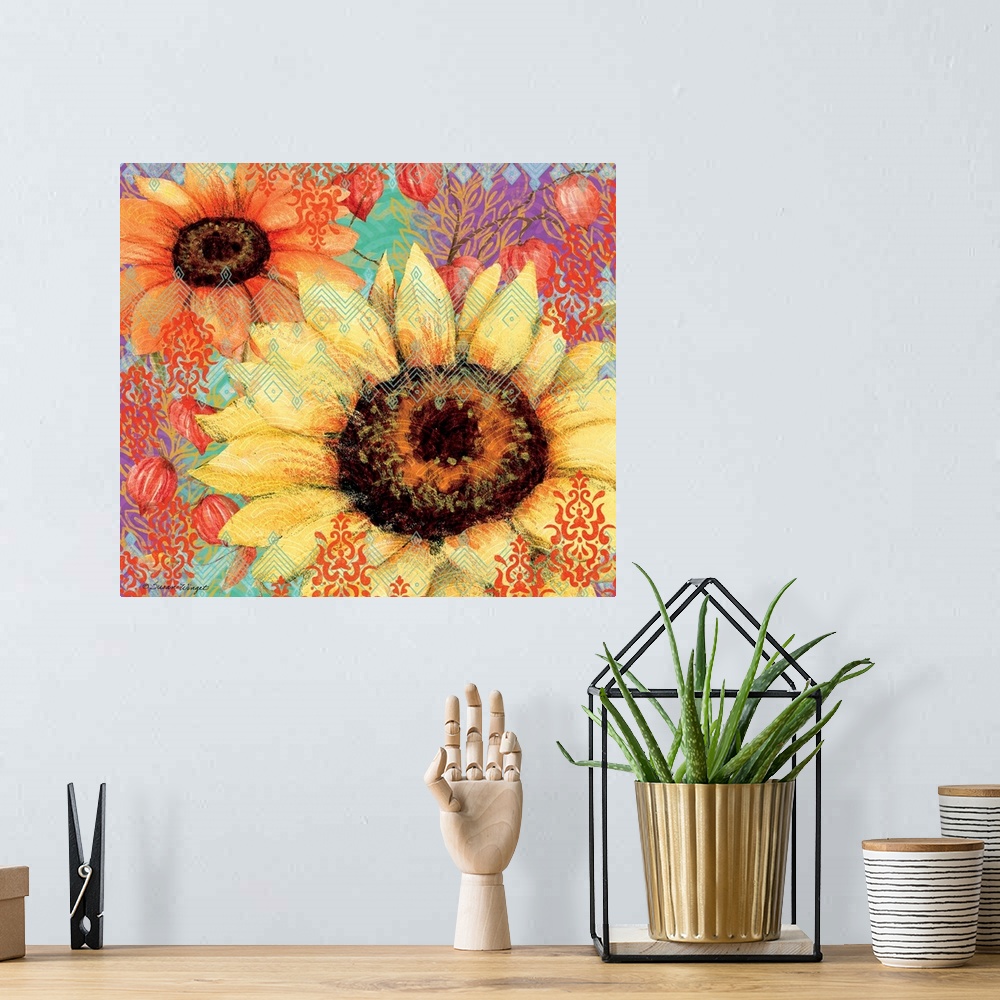 A bohemian room featuring This big, bold and bright sunflower makes a statement!