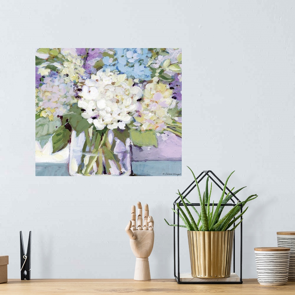 A bohemian room featuring This striking hydrangea bouquet adds a dramatic statement to any room