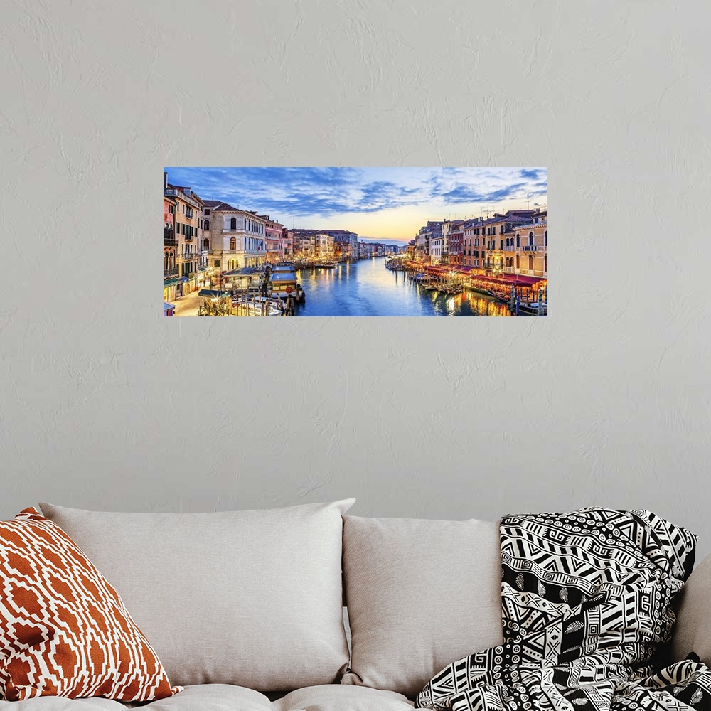 A bohemian room featuring Panoramic view of the famous grand canal at sunset, Venice.
