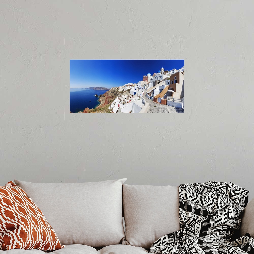 A bohemian room featuring Greece, Aegean islands, Cyclades, Santorini island, view from the terraces of Fira
