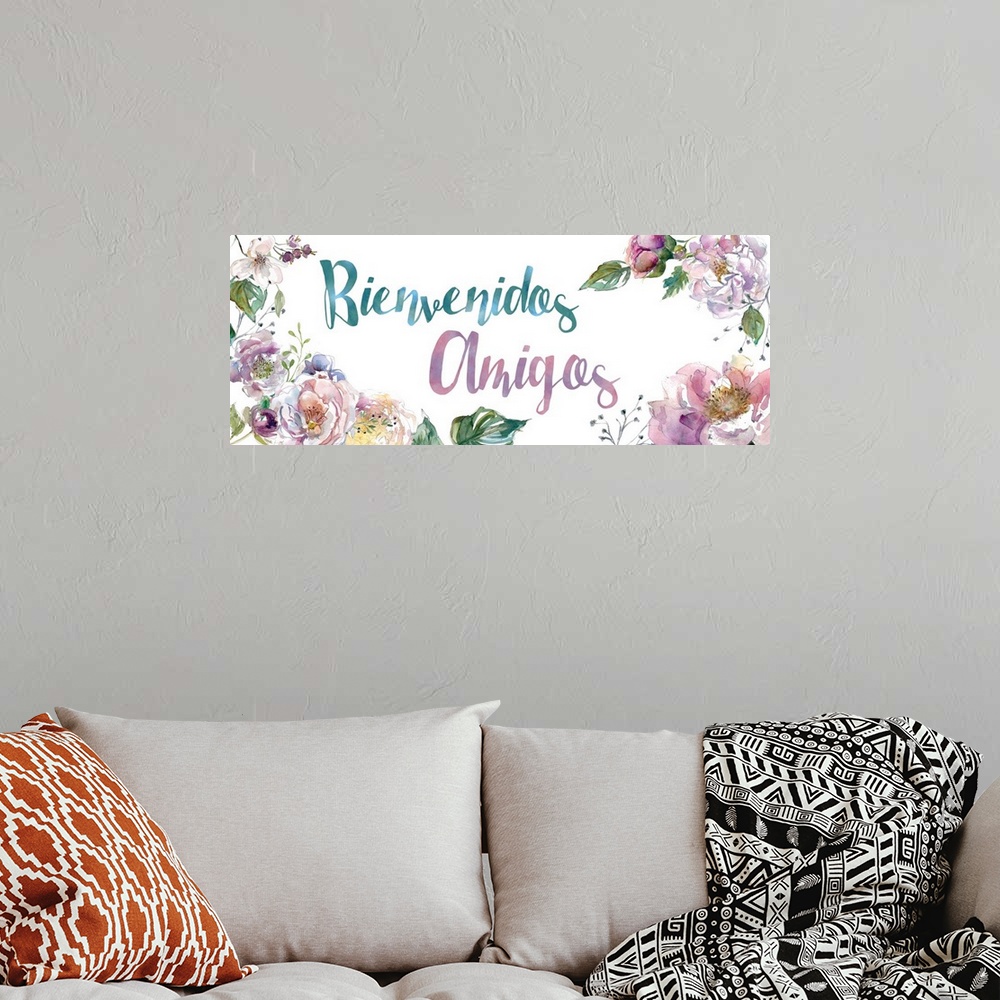 A bohemian room featuring The words "Bienvenidos Amigos" is delicately illuminated with assorted watercolor flowers and fol...