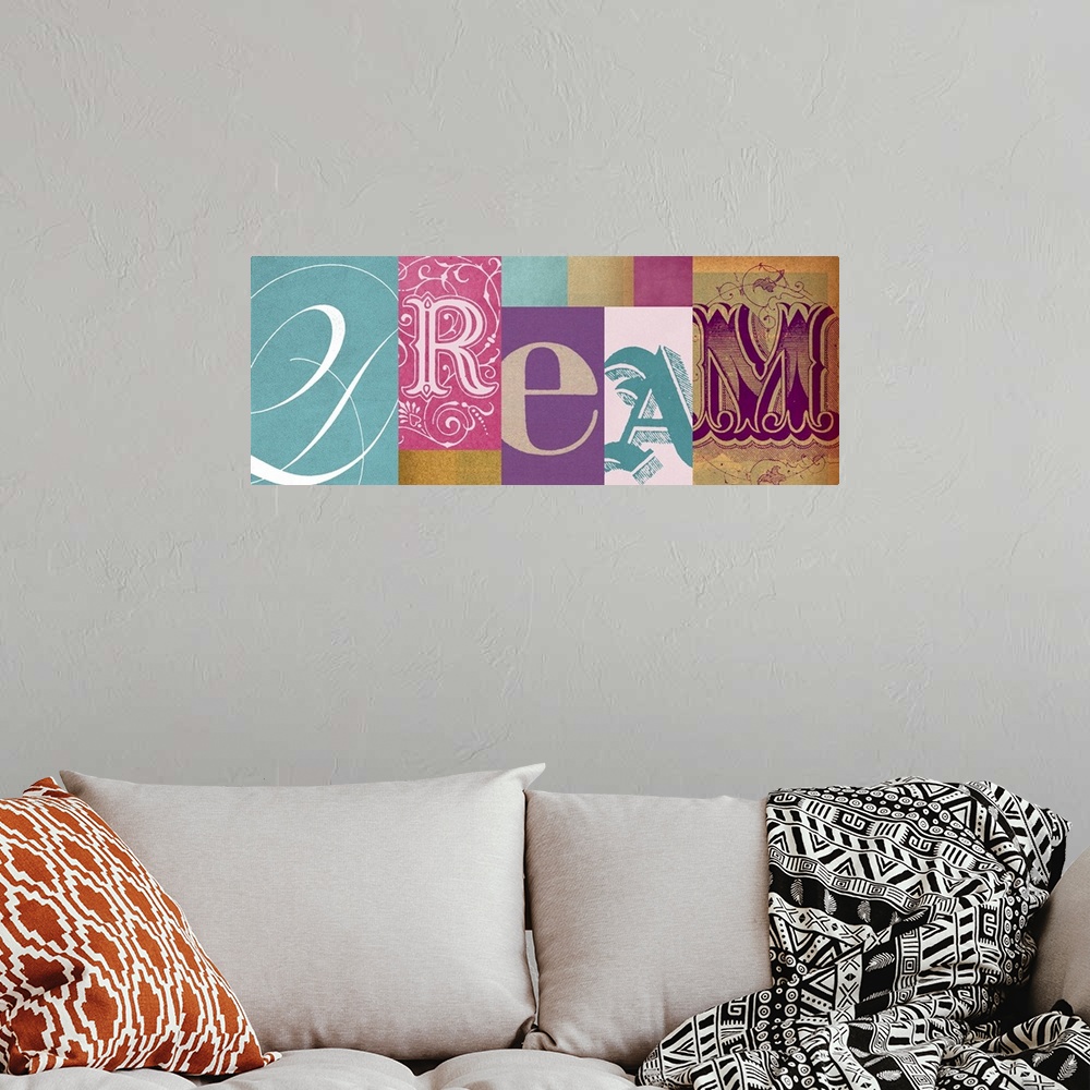 A bohemian room featuring Horizontal artwork on a big wall hanging of the word "DREAM", pieced together with each letter in...