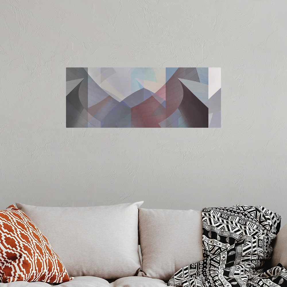 A bohemian room featuring Panoramic abstract art with symmetrical geometric shapes, angles, and patterns.