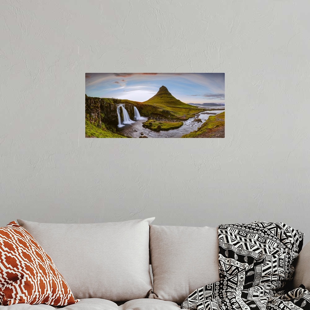 A bohemian room featuring Mount Kirkjufell and its waterfalls at sunset, Snaefellsnes peninsula, Iceland