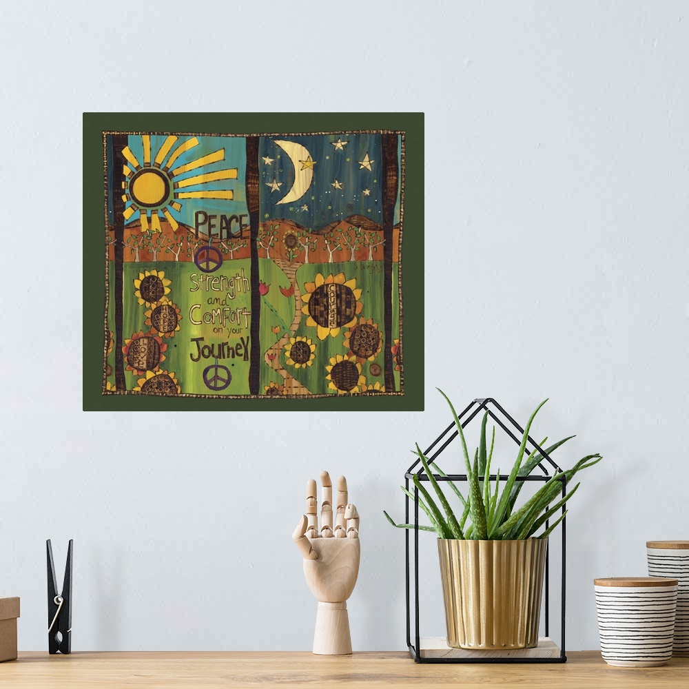 A bohemian room featuring Peace Strength And Comfort On Your Journeysunflowers In Day And Night Scene With Saying