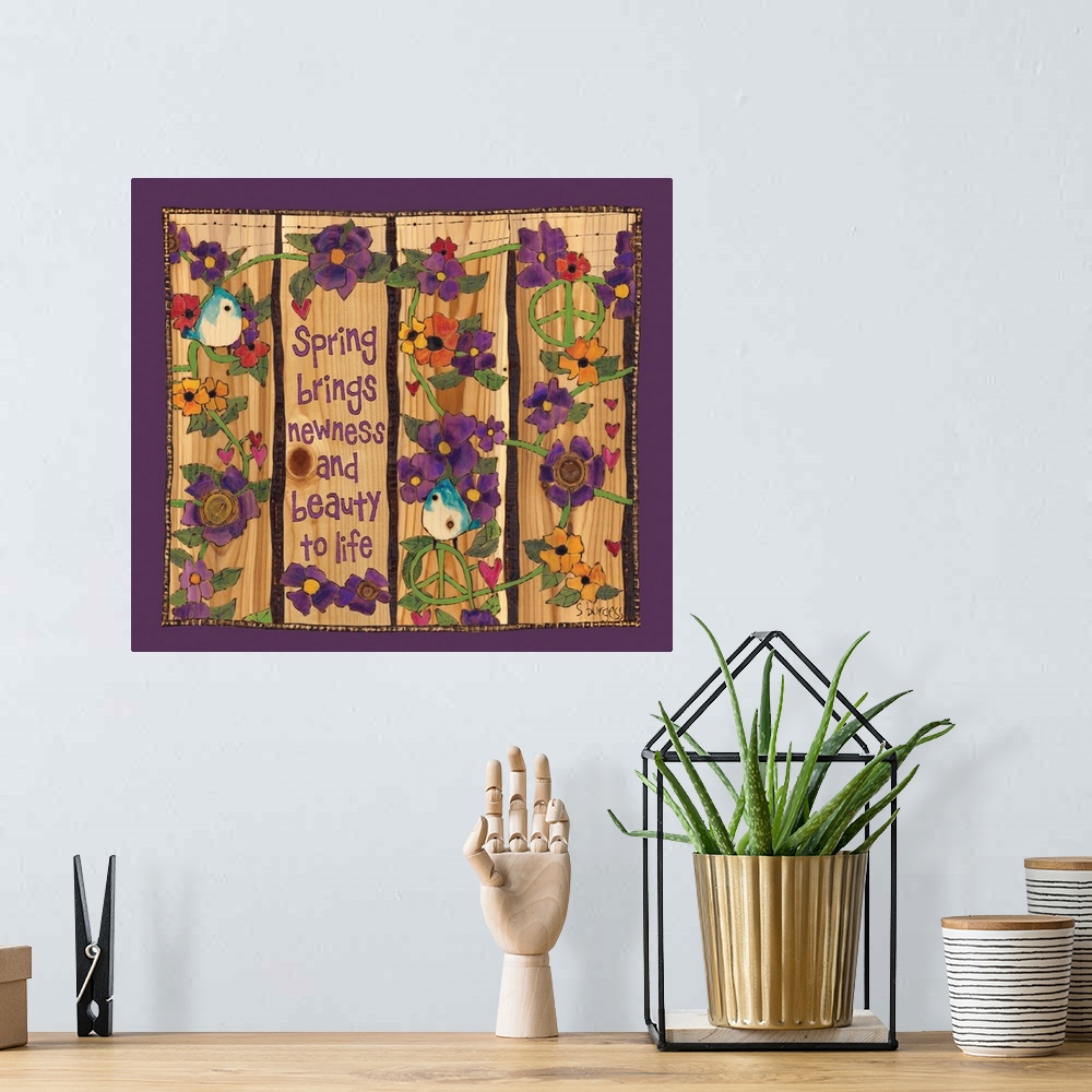 A bohemian room featuring Purple flowers with blue birds with saying