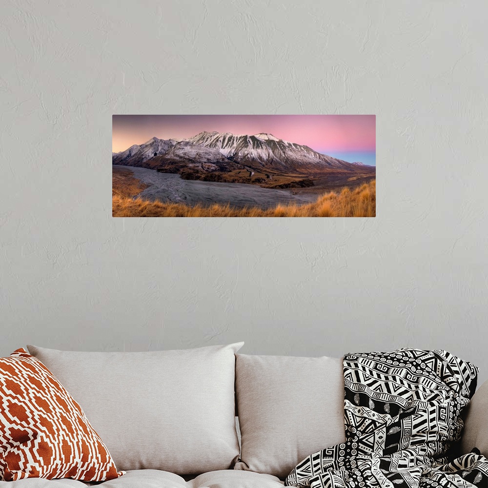 A bohemian room featuring Alpenglow after sunset above Clyde River, Cloudy Peak Range, Canterbury, New Zealand