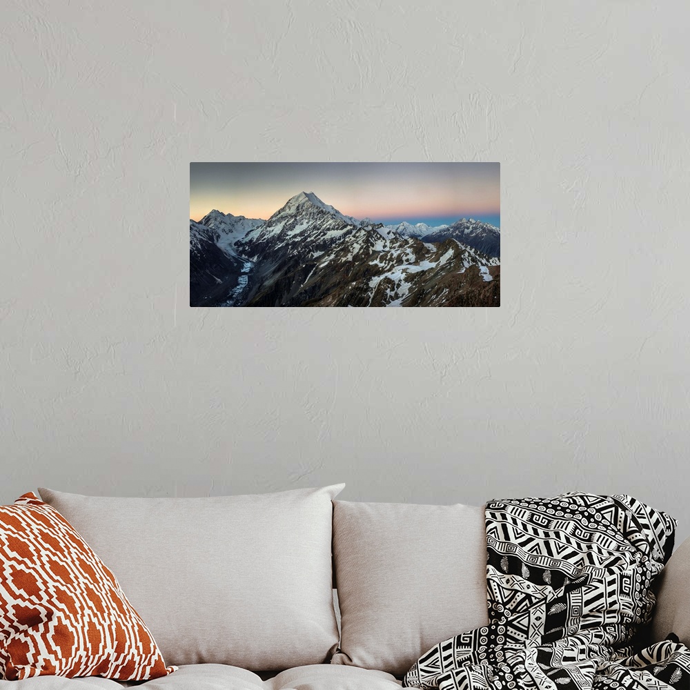 A bohemian room featuring Alpenglow, panorama LtoR: Mounts La Perouse, Aoraki Mount Cook, Tasman glacier, Malte Brun Range,...