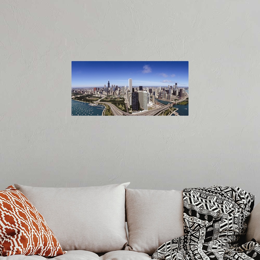A bohemian room featuring Aerial view of buildings in a city, Lake Michigan, Lake Shore Drive, Chicago, Illinois