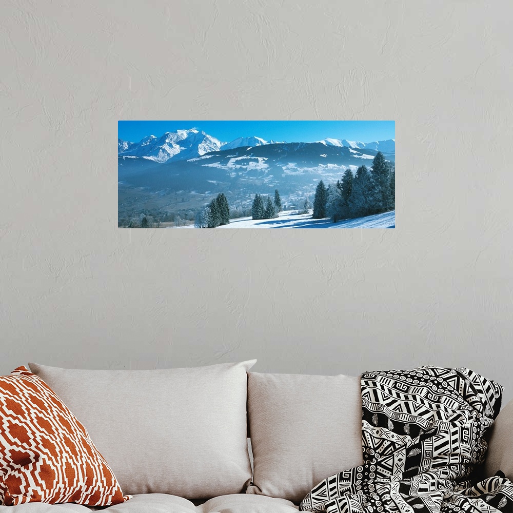 A bohemian room featuring Snow-covered mountains in winter, Mont Blanc Massif, Haute-Savoie, Rhone-Alpes, France