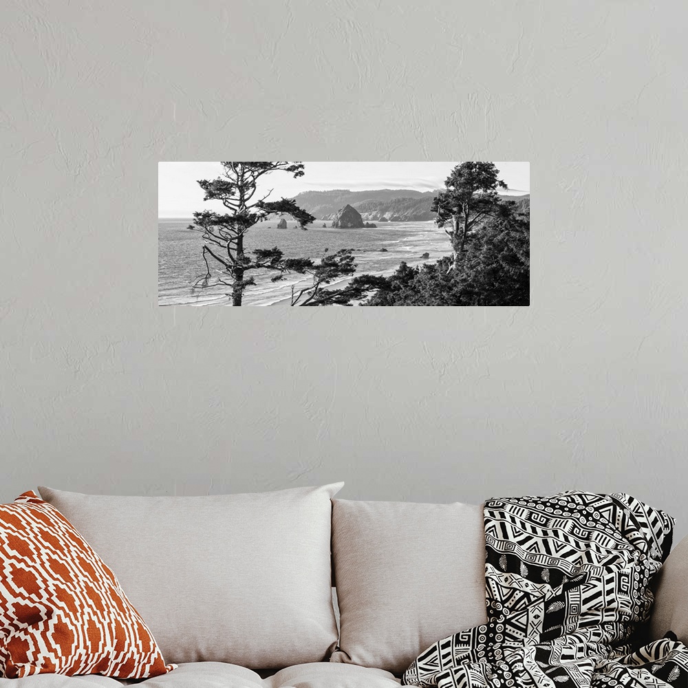 A bohemian room featuring Black and white panoramic landscape photograph of Cannon Beach through the trees with Haystack Ro...
