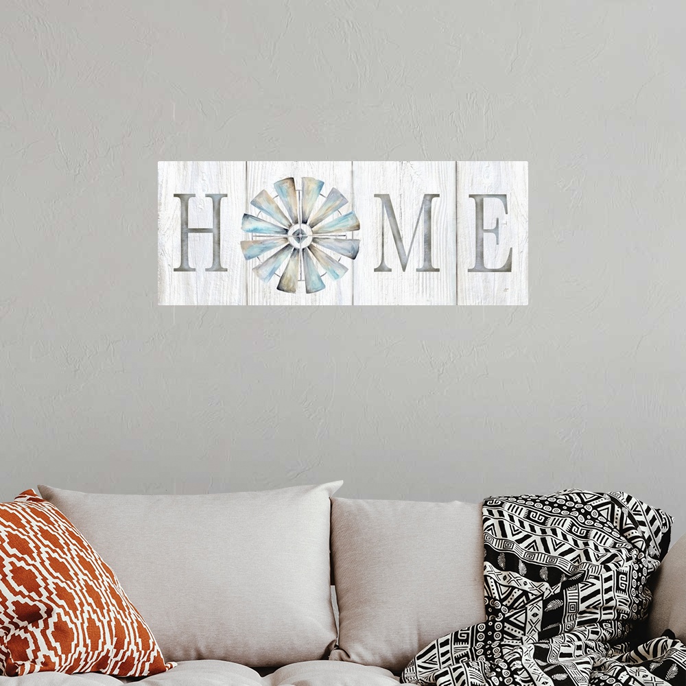 A bohemian room featuring Windmill Home Sign Panel