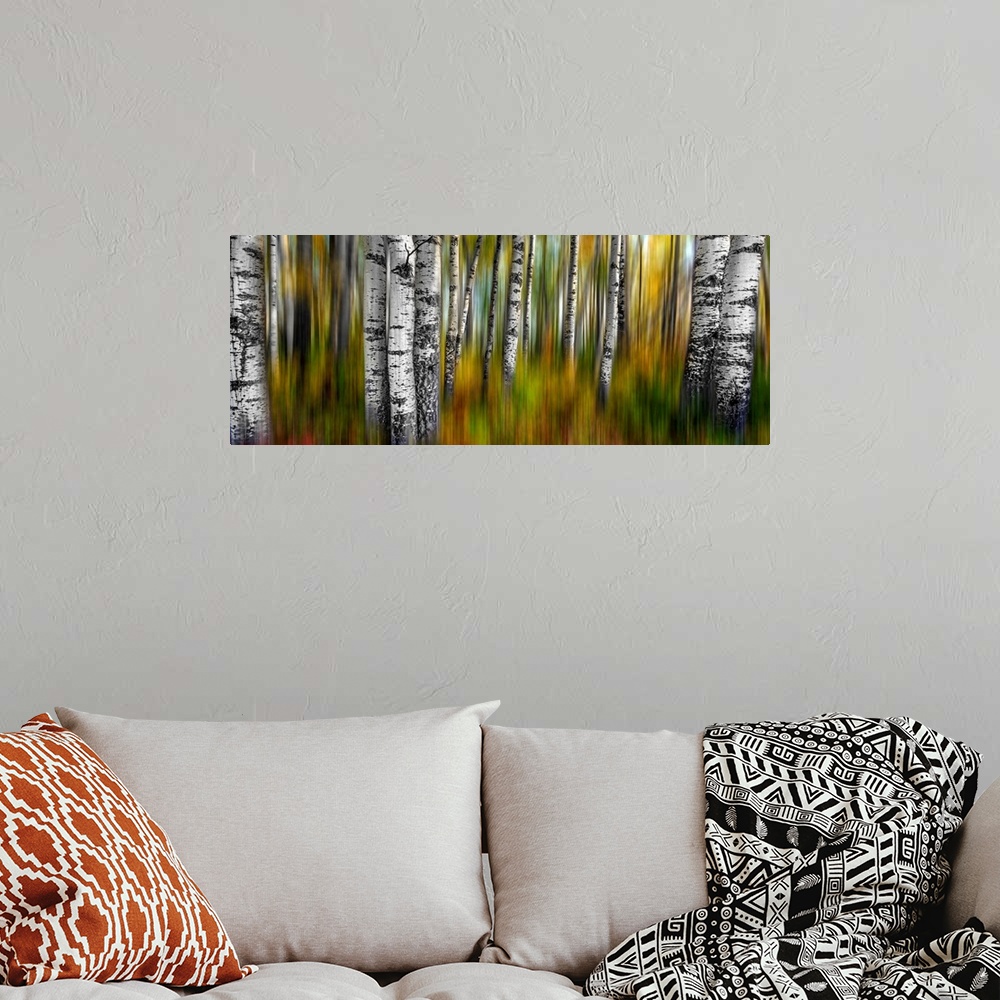 A bohemian room featuring A two image abstract of a colorful fall forest with intentional motion blur.