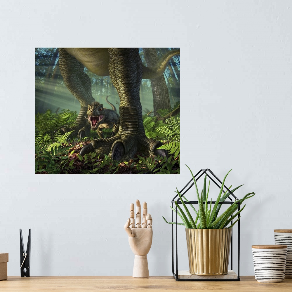 A bohemian room featuring A baby Tyrannosaurus Rex roars defiantely while safely standing between it's mother's legs.