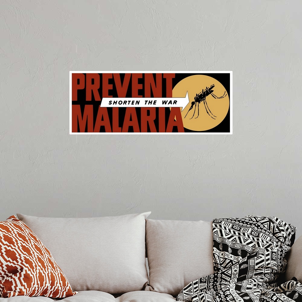 A bohemian room featuring Vintage World War II propaganda poster featuring an arrow pointing at a large mosquito. It reads,...