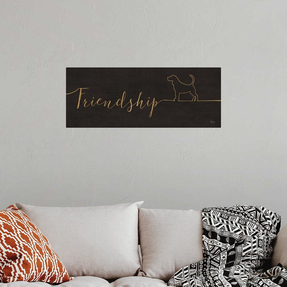 A bohemian room featuring "Friendship" with the outline of a dog on a textured black background.