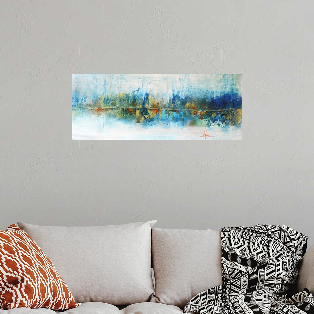 A bohemian room featuring Abstract seascape painting in tropical blue and gold shades.