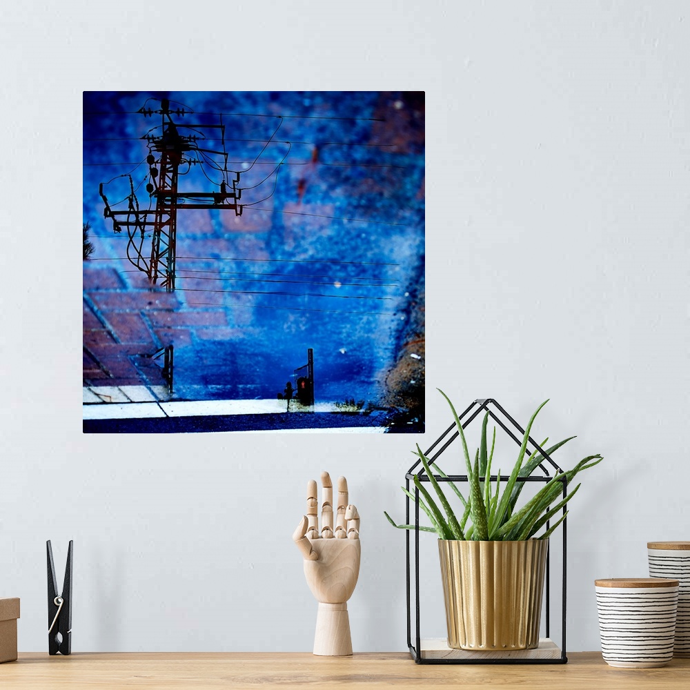 A bohemian room featuring A reflection of power lines in a vibrant blue puddle of water.