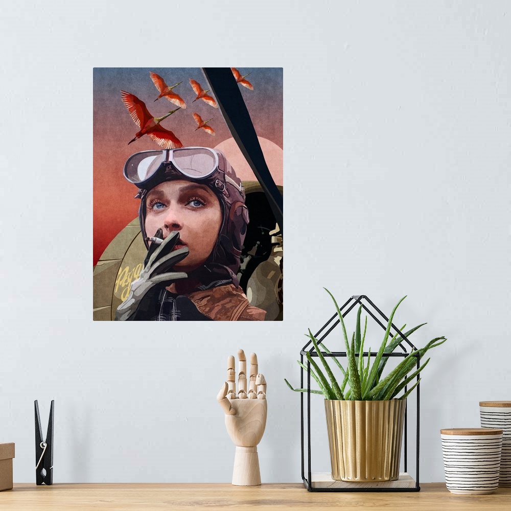 A bohemian room featuring A retro style illustration of a female aviator smoking a cigarette in front of a vintage aircraft...