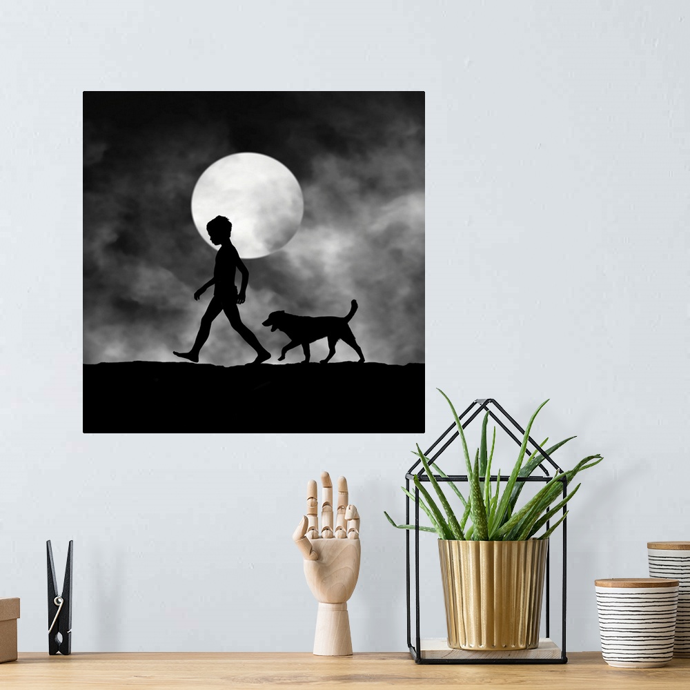 A bohemian room featuring Silhouette of a boy and a dog walking on a foggy night, with the moon behind.