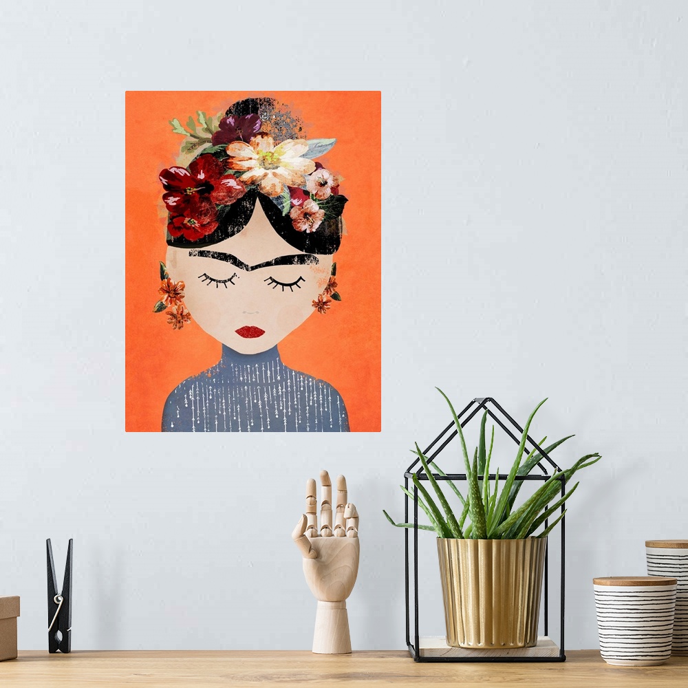 A bohemian room featuring A modern interpretation of the portrait of Frida Kahlo with her signature brows and eyes downcast...