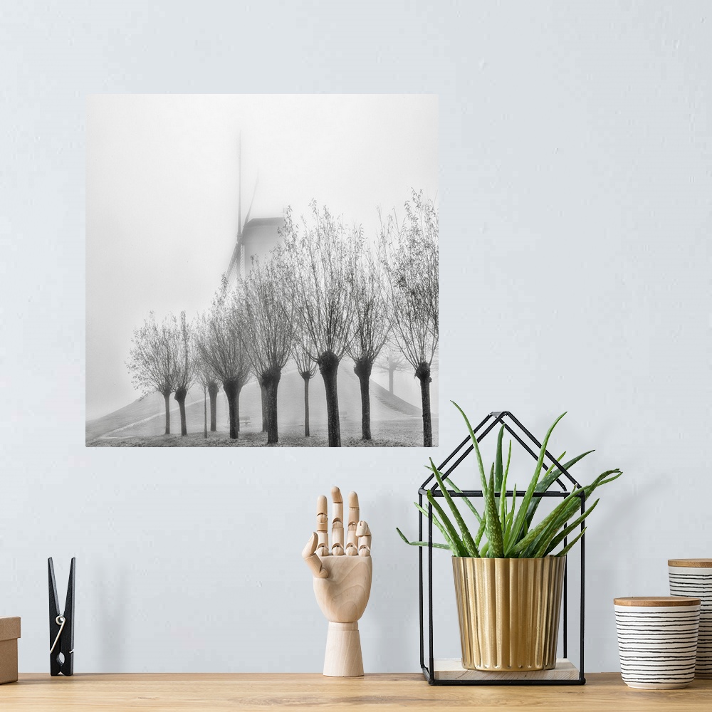 A bohemian room featuring A row of trees obscuring a windmill in the fog, Bruges, Belgium.