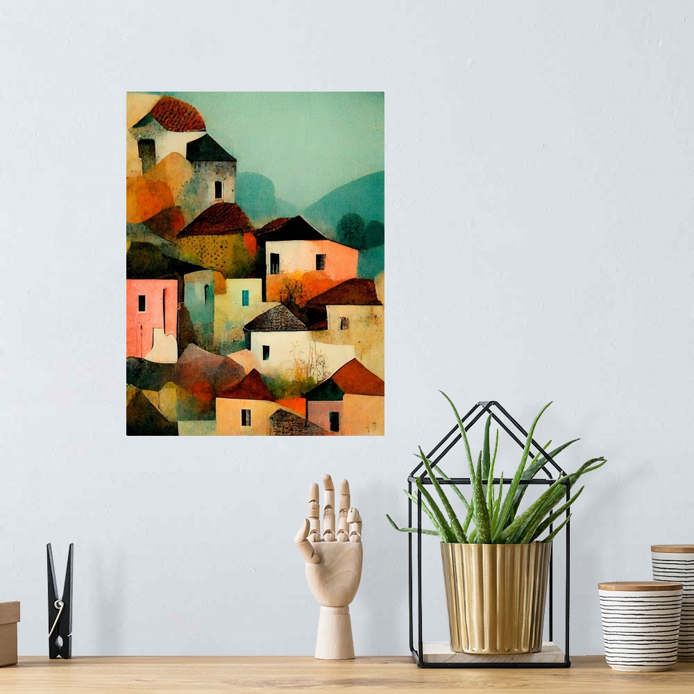 A bohemian room featuring A modern painting of a group of small houses clustered on a hillside, in warm tones of peach and ...