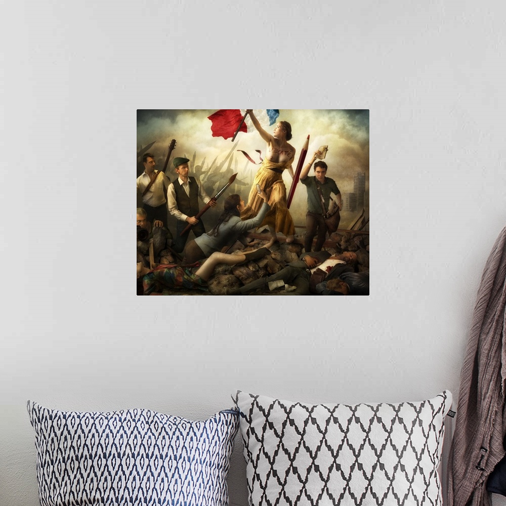 A bohemian room featuring Recreation of the Delacroix painting, "Liberty Leading the People," with people wielding giant ar...