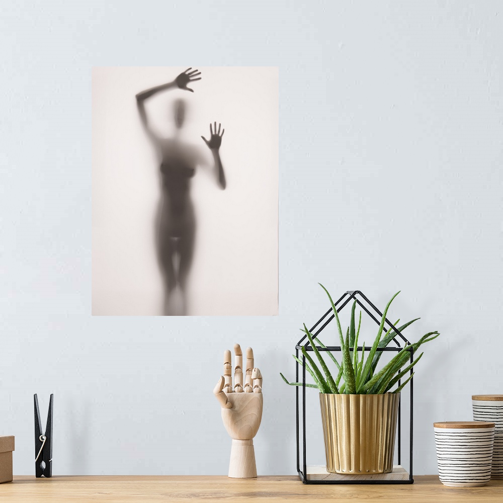 A bohemian room featuring Fine art photograph of  nude female figure behind frosted glass.