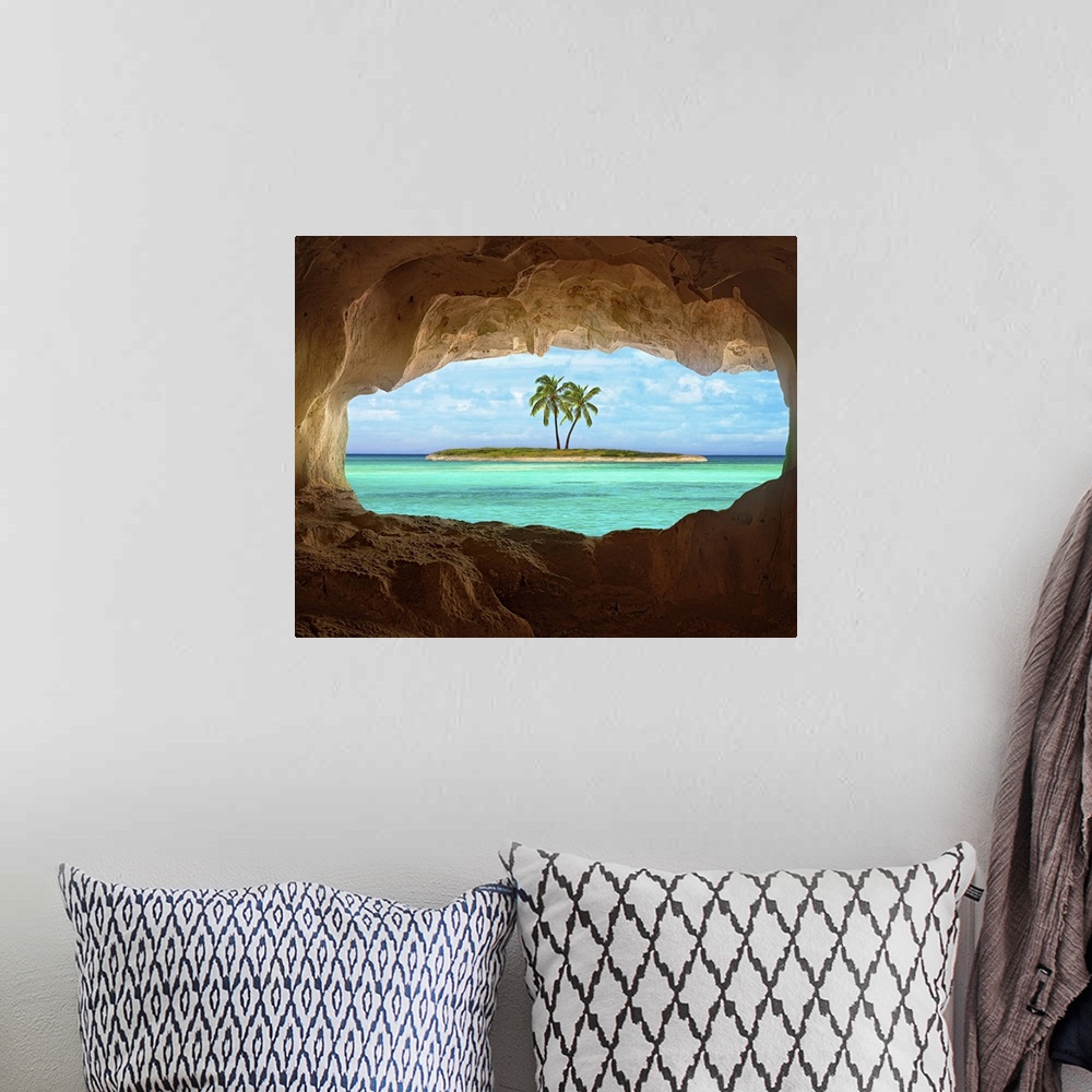 A bohemian room featuring An old Indian cave located on a remoteTurks and Caicos Island. Beautiful Caribbean sea glowing an...