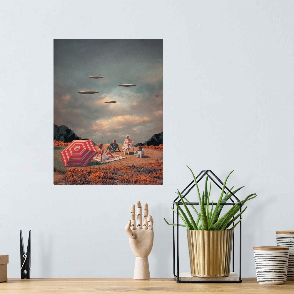 A bohemian room featuring A retrofuturism surrealist collage featuring two couples having a picnic in a field while flying ...