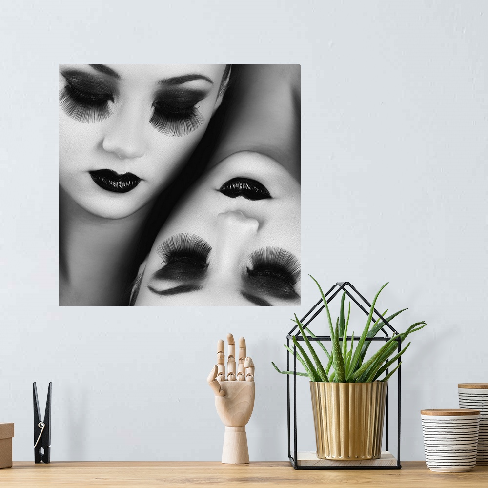 A bohemian room featuring Conceptual image of the heads of two women side by side, each with long eyelashes and dark lipstick.